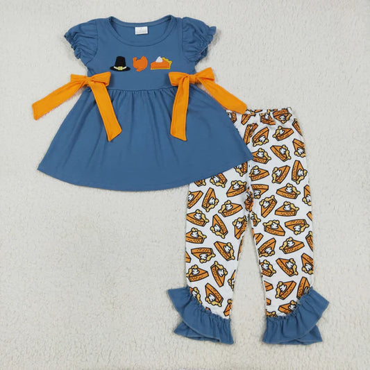 8.2 GSPO2028 Embroidery Baby Girls Navy Short Sleeves Turkey Hat Tunic Pockets Ruffle Pant Set