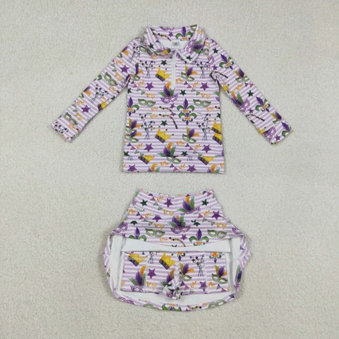 11.26 GT1369+GLK0167 Baby Girls Mardigras Stripe Anchor Masks Zip Pullovers Skirt Shorts Yoga Active Clothes Set