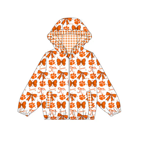 9.6 Custom Moq 5 Baby Girls Orange Clemson Bows Zip Ruffle Hooded Cardigan Jackets Tops