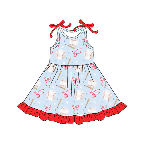 4.24 GSD2507 Baby Girls Sleeveless Bows Baseballs Knee Length Dress Preorder