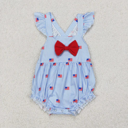 3.29 SR2921 Baby Infant Girls Blue Stripe Flutter Sleeves Flags Bow Top 4th Of July Romper