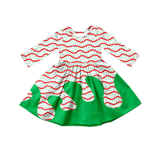 8.6 GLD1259 Baby Girls Drip Christmas Trees Print Knee Length Dresses Preorder