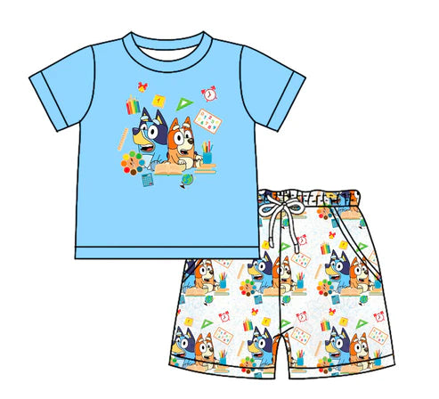 BSSO1160 Baby Boys Blue Dogs Back To School Top Shorts Clothes Sets Preorder