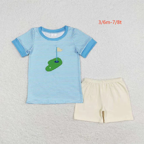 BBSSO0592 Embroidered golf ball stripes blue short sleeve beige shorts suit