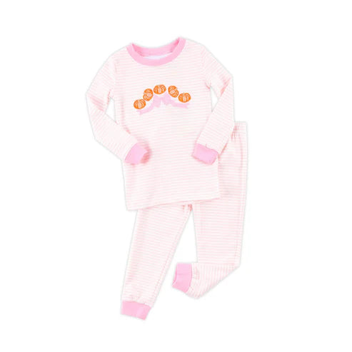 8.6 GLP2674 Baby Girls Pink Stripe Pumpkins Bows Top Pant Fall Pajamas Set Preorder