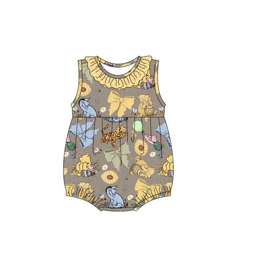 3.28 SR2963 Baby Infant Girls Gray Sleeveless Cartoon Pigs Tigers Ruffle Rompers Preorder