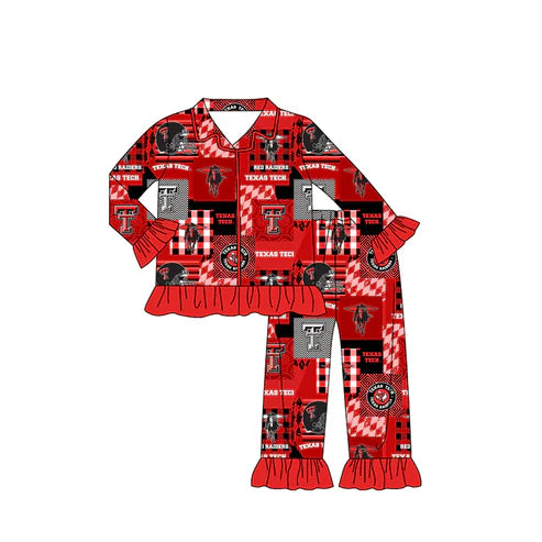 9.8  Custom Moq 5 Baby Girls Texas Tech Team Buttons Red Grey Top Pants Pajamas Clothes Sets