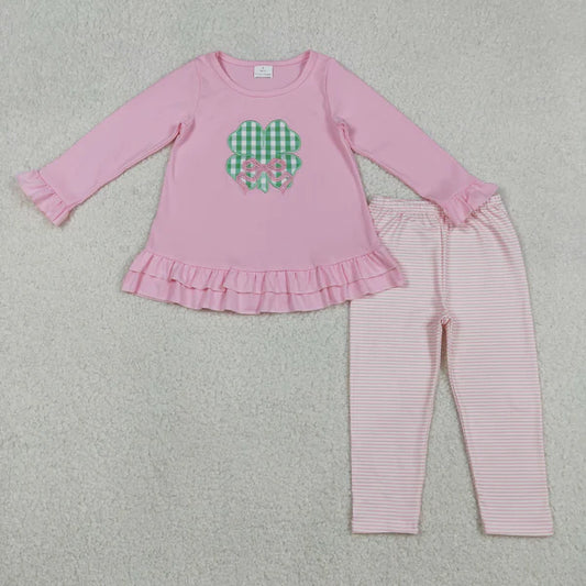 12.13 GLP2210 Embroidery Bow Clovers Baby Girls Tunic Stripe Leggings St Patrick Clothes Set