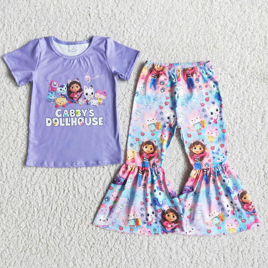 E5-13 Girls Cartoon Pattern Purple Cat Short Sleeve Flare Pants Suit