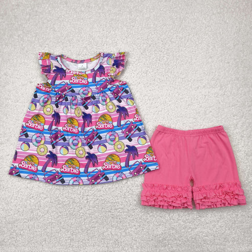 5.3 GSSO2362 Baby Girls Pink Stripe Flutter Sleeves Cars Dolls Tunic Ruffle Short Clothes Set
