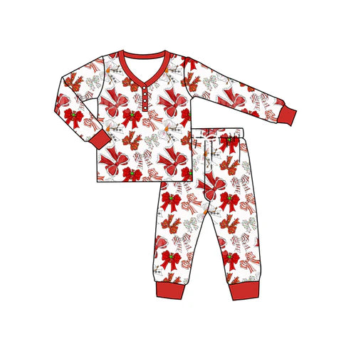 5.20  GLP2343 Adult Women Long Sleeves Red Bows Button Top Pant Pajamas Set Preorder