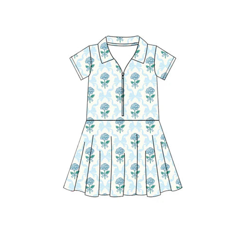 4.17 GSD2408 Baby Girls Short Sleeves Blue Bows Flowers Zipper Knee Length Dresses Preorder