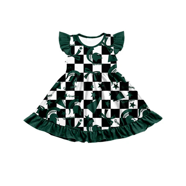 7.7 Custom Moq 3 Baby Girls Flutter Sleeves MSU Plaid Bows Team Knee Length Dresses