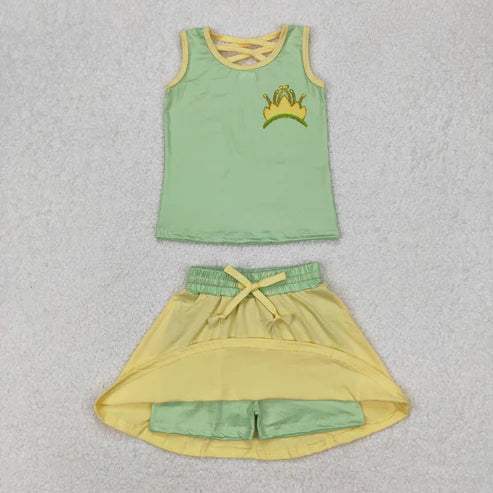 3.29 GSD2071 Baby Girls Green Crown Princess Shirt Skirt Clothes Set