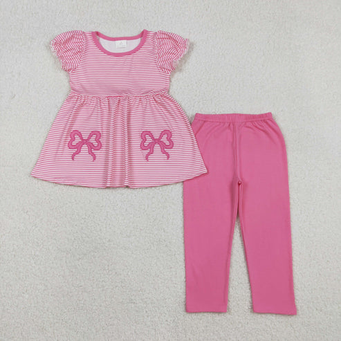 12.3 GSPO2150 Embroidery Bows Baby Girls Pink Stripe Tunic Leggings Pant Clothes Set