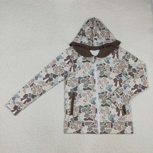 11.3 GT1273 Adult Women Southern Grey Bows Camo Pockets Zipper Ruffle Hoodies Jackets Top