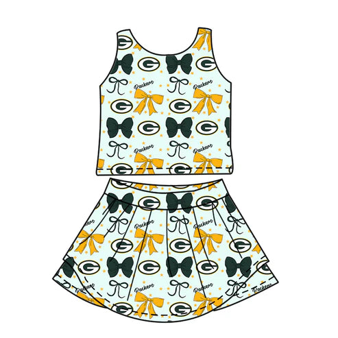 7.2 Custom Moq 3 Baby Girls Sleeveless GB Packers Bows Vest Top Short Skirts Set