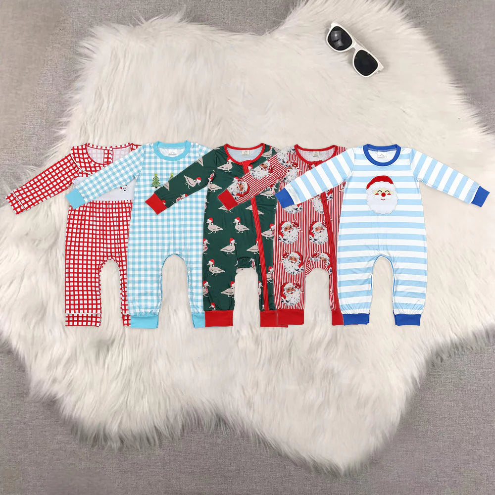 Sibling Baby Infant Boys Christmas Ducks Santa Embroidery Zip Rompers