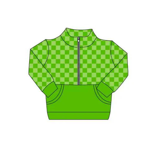 9.8 Custom Moq 5 Baby Girls Green Checked Zipper Pockets Long Sleeves Pullovers Tops