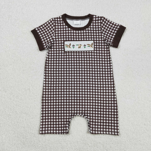 9.16 SR3164 Embroidery Baby Boys Brown Plaid Short Sleeves Ducks Short Romper