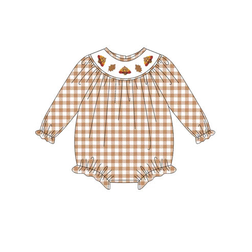 5.20 LR2205 Baby Girls Long Sleeves Khaki Plaid Smocked Turkey Leaves Ruffle Rompers Preorder