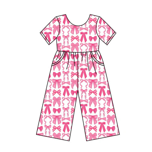 6.6 SR3144 Baby Girls Short Sleeves Pink Bows Plaid Pockets Pant Jumpsuits Preorder
