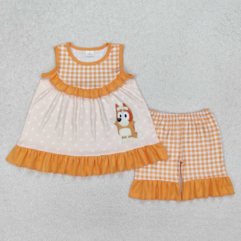 GSSO2123 Baby Girls Orange Dots Dogs Tunic Ruffle Shorts Clothes Set