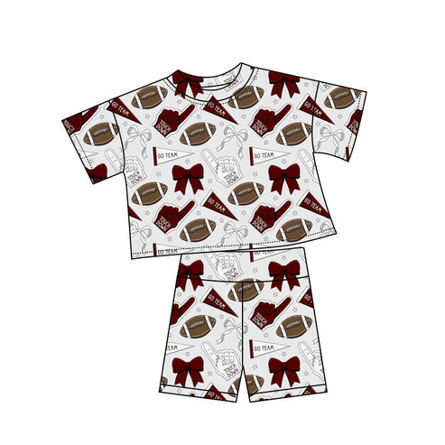 10.23 GSSO2723 Baby Girls Dark Red Grey Bows Footballs Top Shorts Team Pajamas Sets