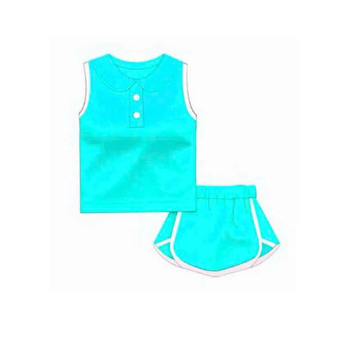 3.17 GSD2160 Baby Girls Blue Sleeveless Button Vest Top Shorts Cotton Clothes Sets preorder