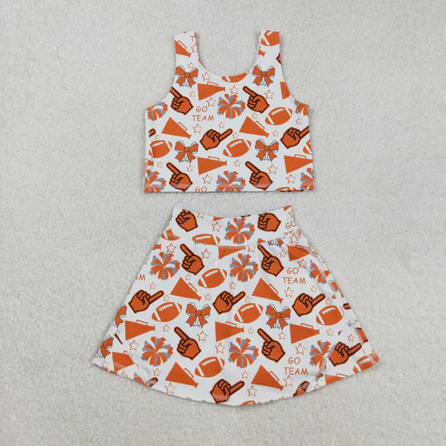 8.25 GSD2695 Baby Girls Team Orange Footballs T Vest Top Short Skirts Yoga Set