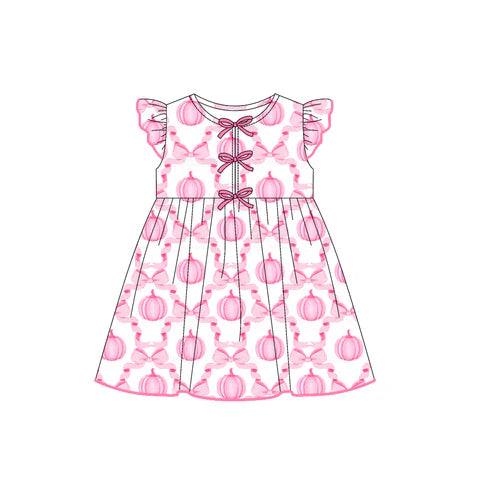 7.29 GSD2768 Baby Girls Flutter Sleeves Pink Bows Pumpkins Plaid Knee Length Dresses Preorder