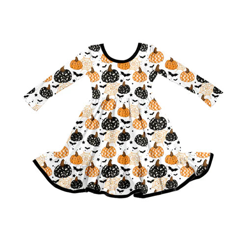 8.5 GLD1261 Baby Girls Ghost Bat Pumpkins Plaid Halloween Knee Length Dresses Preorder