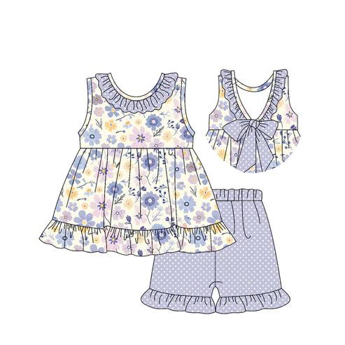 GSSO2306 Baby Girls Light Blue Flowers Tunic Ruffle Shorts Clothes Sets preorder