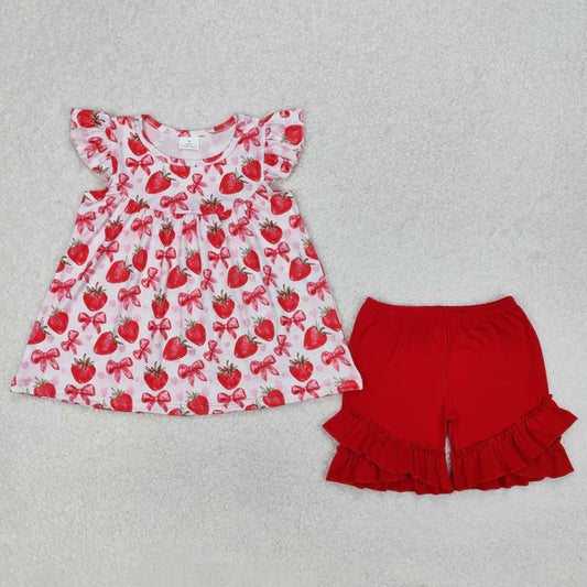3.17 GSSO1902 Baby Girls Strawberry Bows Tunic Ruffle Shorts Clothes Set