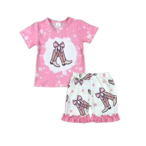 3.20 GSSO2354 Baby Girls Pink Short Sleeves Bow Boot Top Ruffle Short Set preorder