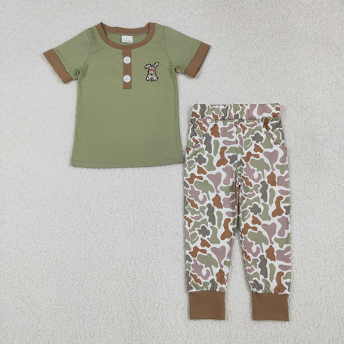 12.3 BSPO0603 Embroidery Baby Boys Olive Camo Rabbit Button Top Pants Easter Clothes Set