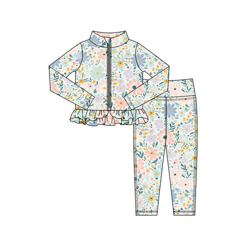 10.27 GLP3003 Baby Girls Pink Blue Flowers Zipper Jackets Ruffle Top Leggings Yoga Clothes Sets Preorder