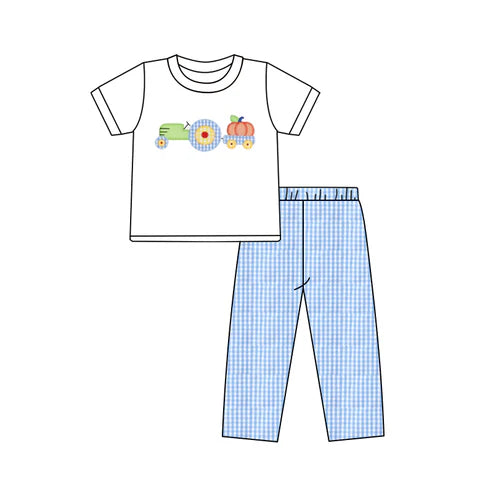 5.20 BSPO0572 Baby Boys White Short Sleeves Truck Pumpkins Top Blue Plaid Pant Set Preorder