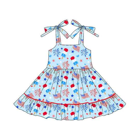 12.20 MOQ：5pcs GSD3442 pre-order toddler clothes flag print girl 4th of July summer dress