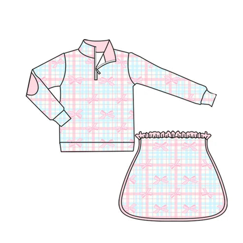 6.5 GLD1100 Baby Girls Long Sleeves Pink Bows Plaid Zipper Top Skorts Yoga Set Preorder