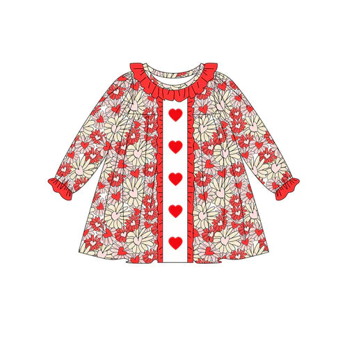 9.19 GLD1306 Baby Girls Red Hearts Flowers Valentine Ruffle Sleeves Knee Length Dresses