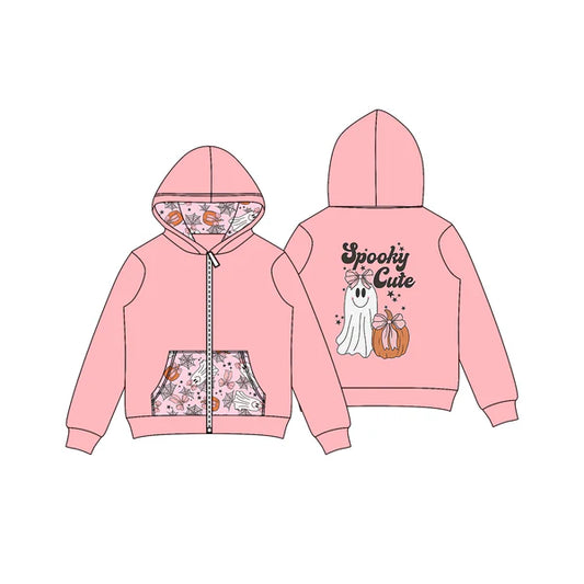 8.2 GT1140 Baby Girls Pink Halloween Ghosts Pumpkins Pocket Zipper Hoodies Preorder