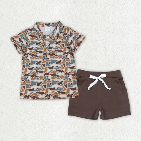 12.19 BT1355+SS0134 Baby Boys Southern Camo Button Polo Shirt Brown Pockets Shorts Hunting Clothes Set