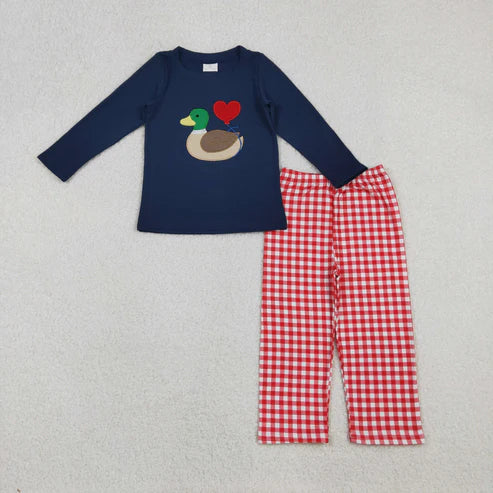 10.30 BLP1304 Embroidery Baby Boys Hearts Ducks Top Checked Pants Valentine Clothes Set