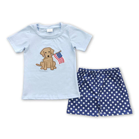 3.11  BSSO0227 baby boy clothes blue 4th of july patriotic outfit embroidery god flag set