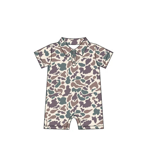 3.28 SR2975 Baby Infant Boys Short Sleeves Lavender Camo Button Rompers Preorder