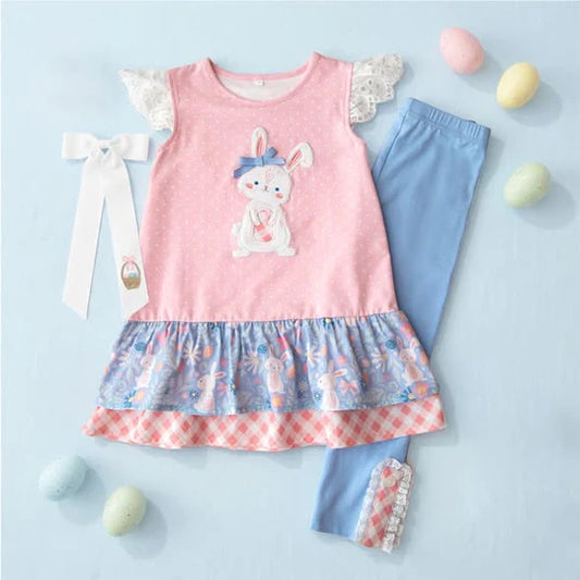 12.12 MOQ：5pcs GSPO2251 pre-order toddler girl clothes bunny print girl easter set