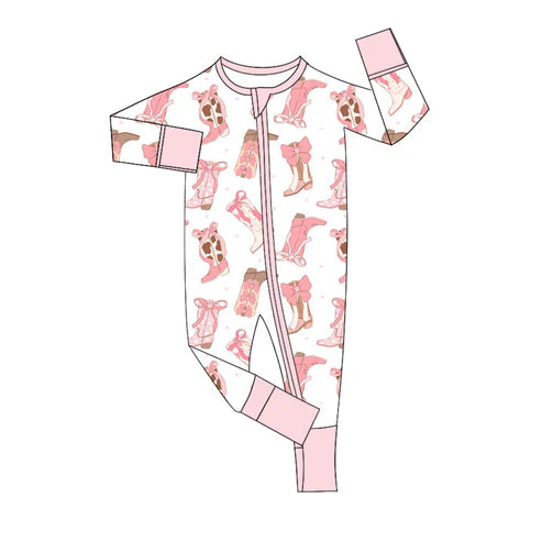 5.19 LR2225 Baby Girls Long Sleeves Pink Bows Boots Zipper Pant Rompers Preorder