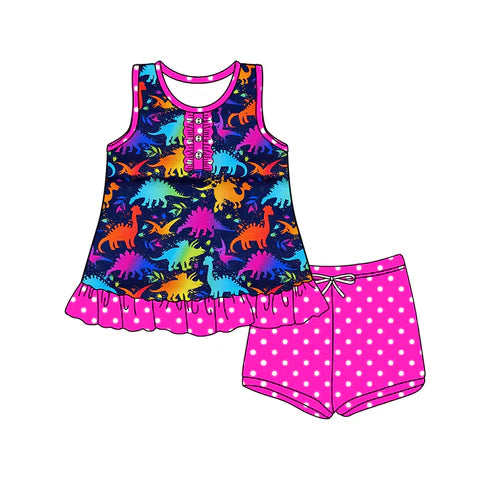 4.10 GSSO2492 Baby Girls Colorful Dinosaurs Button Tunic Polka Dots Short Set Preorder