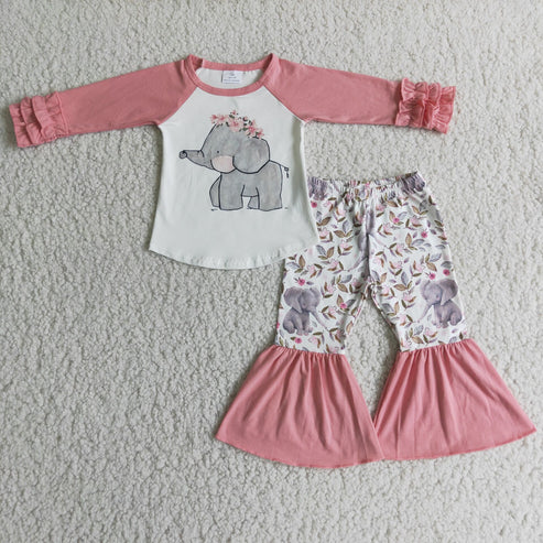 RTS NO MOQ ETA 5/7days Arrived 6 A28-18 Elephant and floral pink long-sleeved bell bottoms suit